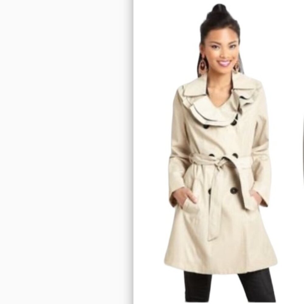 Betsey Johnson Ruffle Trench Lightweight Double Breasted Coat Cotton Tan Belt L - Picture 5 of 15
